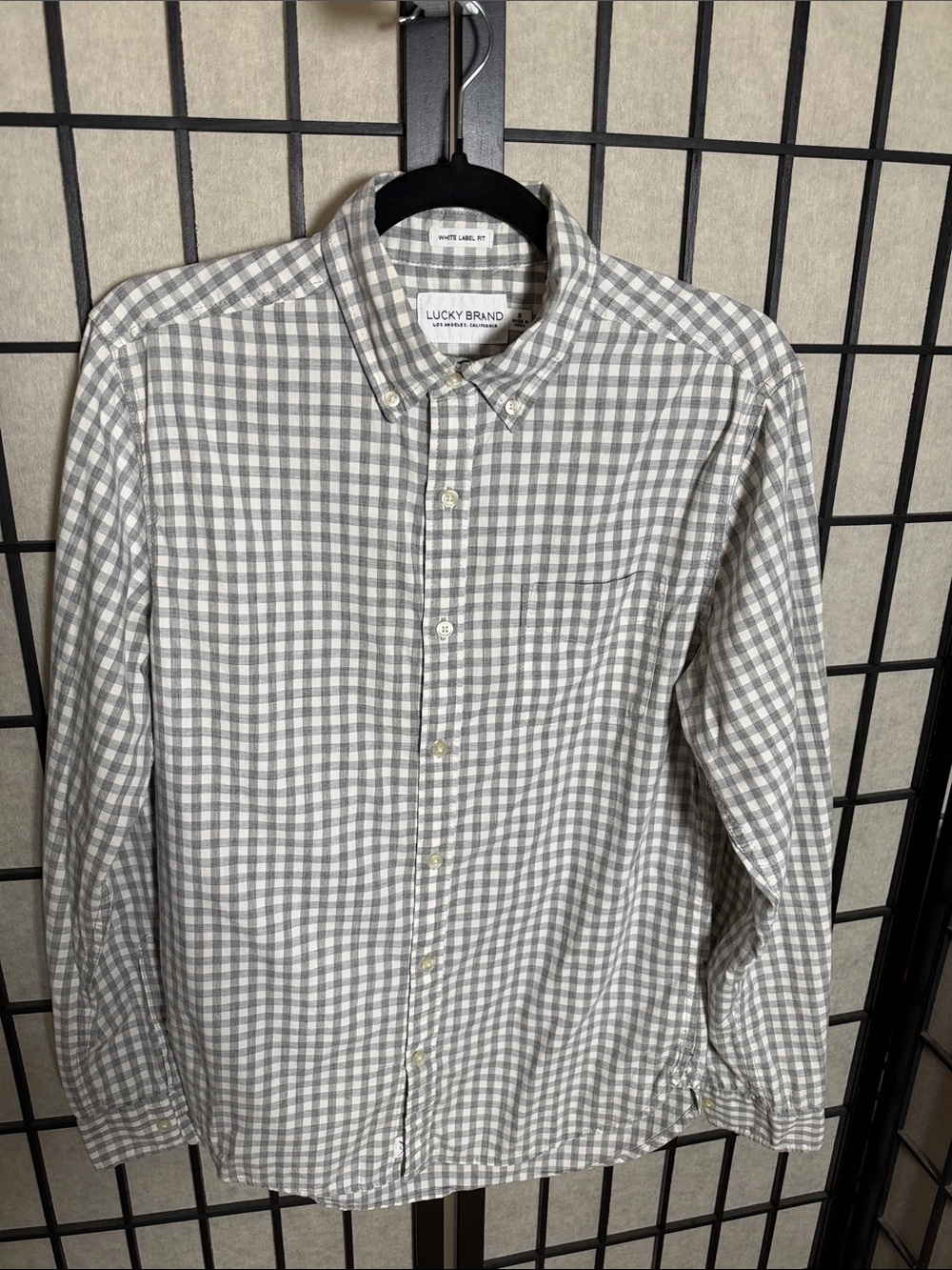 Lucky Brand Men's Light Gray and White Check Button-Down Shirt